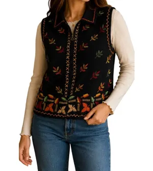 Vintage Chrysantheme Vest Womens Size M Wool Cotton Black Autumn Folk Art Zip Up thumbnail 1