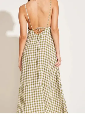 VITAMIN A Mari Gingham Linen Cover-Up Maxi Dress Ecolinen Avocado Gingham Sz S thumbnail 3