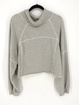 Aerie Women Large Grey Cowl Neck Cropped Sweatshirt Pullover Exposed Seam Fleece thumbnail 1