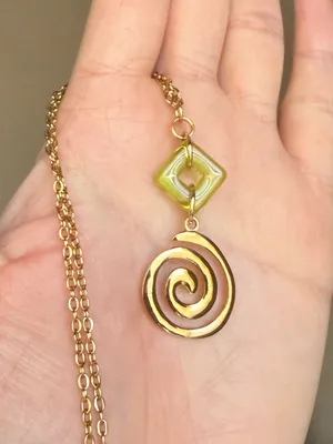 Handmade gold tone stainless steel spiral swirl uzumaki & Czech glass necklace🌀 thumbnail 3