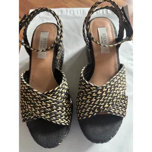 Steven New York Woven Espadrille Wedge Sandals Black Tan Ankle Strap Platform thumbnail 6