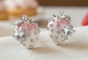 Silver Tone Pink Strawberry Crystal Stud Earrings thumbnail 1