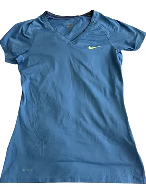 Nike Women’s Blue V-Neck Dri-FIT Tee with Neon Yellow Swoosh thumbnail 1