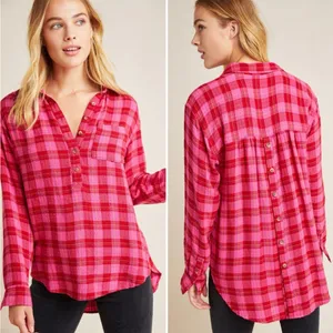 Anthropologie Isadora Button-Back Tunic Posy Pink Shirt‎ Blouse Top Plaid Medium thumbnail 2