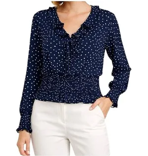Princess Polly Top Womens Size 8 Blue Long Sleeve Ruffle White Polka Dot Crop thumbnail 1