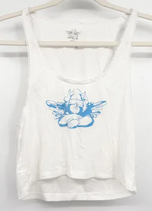 Boys Lie Womens White Blue Cherub Graphic Ribbed Lace Trim Crop Tank Top Size L thumbnail 1