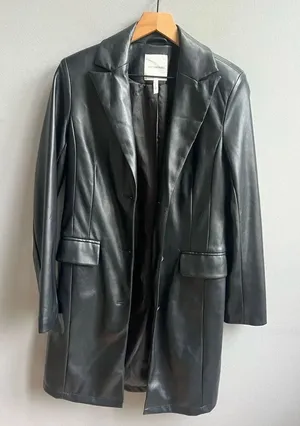 Avec Les Filles Black Faux Leather Long Blazer Jacket Button Down Coat XS thumbnail 1