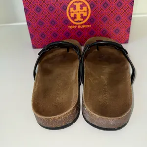 Tory Burch Women's Miller Cloud Sandals Black Patent Leather Natural Size 8 thumbnail 4