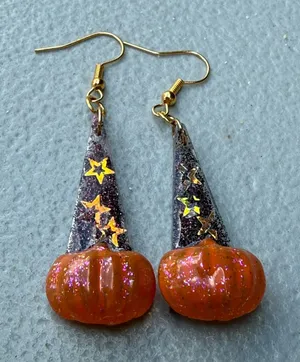 Halloween Witch Hat & Pumpkin Drop Earrings | Resin Fall Statement Jewelry thumbnail 1