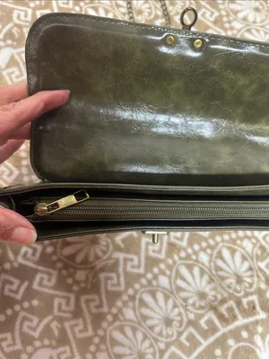 Olive Green Chain clutch Shoulder Bag with Antique Brass Hardware thumbnail 7
