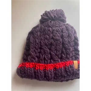 Chunky Knit Pom Beanie in Purple with Red Stripe Merrell thumbnail 3