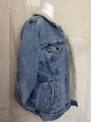 Levi's Sherpa Lined Blue denim Trucker Jacket Button Snap Closure S thumbnail 3