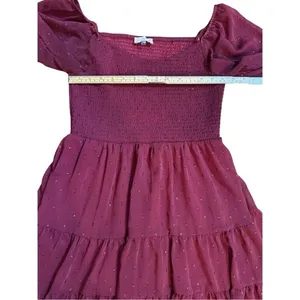 Altar’d State Women’s Vibrant Burgundy Babydoll Tiered Long Sleeve Dress Sparkle thumbnail 4