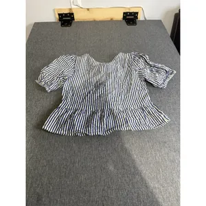 Japna Blue White Striped Tie Front Bow Puff Short Sleeve Square Neck Blouse M thumbnail 9