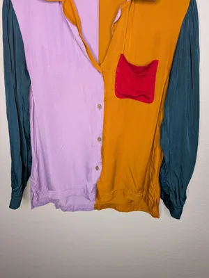 Farm Rio For Anthropologie Colorblock Button-Up Satin Shirt Size S thumbnail 5
