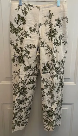 Saks Fifth Avenue Sport Linen Floral‎ Toile Pants Green Cream Size 2 Luxury thumbnail 1