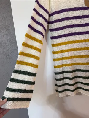 BiBi Cream Crewneck Sweater with Purple, Gold and Green Stripes thumbnail 3
