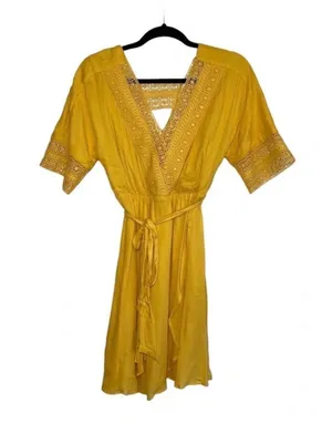 Altar’d State Crochet Wrap Mini Dress Yellow Belted V-neck thumbnail 1