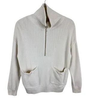 Cambridge Dry Goods Cream Half Zip Cotton Blend Mock Neck Cozy Preppy Sweater‎ S thumbnail 1