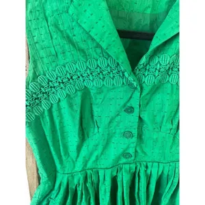 Midi Green Embroidered Teaparty Button Collared Textured Tank Dress Womens S/M thumbnail 5