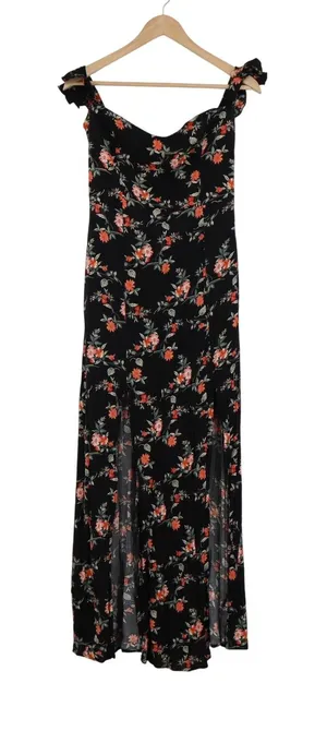 Ambiance Floral Maxi Dress Black Orange Ruffle Sleeve Slit Sweetheart Large thumbnail 1