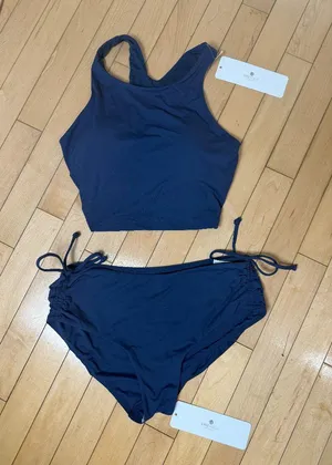 CRZ YOGA High Neck Tankini Top & Side Ruche Bikini Bottom Set Navy Blue Size S thumbnail 1