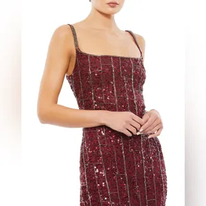 Mac Duggal 10770 Burgundy Beaded Spaghetti Strap Midi‎ Slip Dress Size 2- NWT thumbnail 2