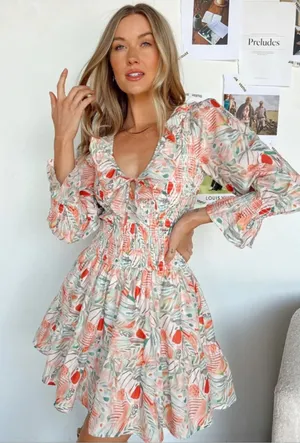 Vestique Sammie Dress Peach Green Floral Smocked Deep V-Neck Mini Small NEW thumbnail 1