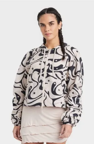 JoyLab‎ -928 Women's Windbreaker Jacket Packable Hooded Swirl Star Print XS thumbnail 1