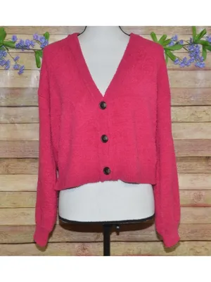 Active USA Ladies Hot Pink Crop Button Up Cardigan Sweater Size L Comfy Casual thumbnail 3