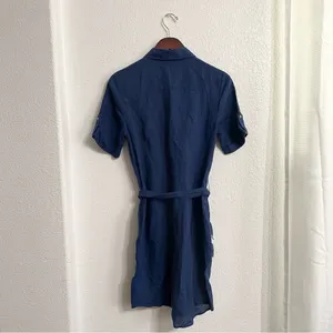 Untuckit Womens Dress Blue Button Front Belted Linen Short Sleeve Size 6 thumbnail 3