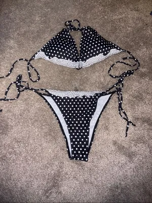 Amazon Black and White Polka Dot Tie Bikini Set size xl thumbnail 2