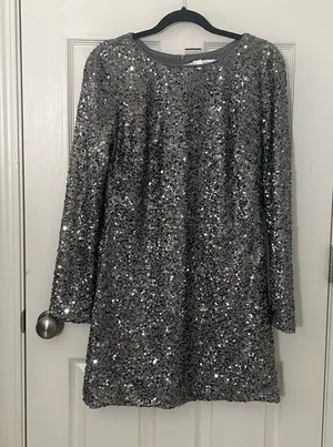 DRESS THE POPULATION Bailey Long Sleeve Knee length Silver Sequin Dress XL NWT thumbnail 1