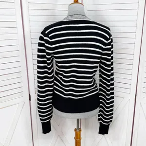 Bagatelle Collection Striped V Neck Cardigan‎ Sweater Black White Small thumbnail 4