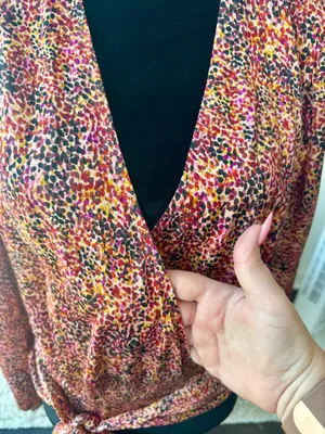 Express Orange Multicolor Satin Wrap Front V-Neck Blouse Size Large NEW! thumbnail 2