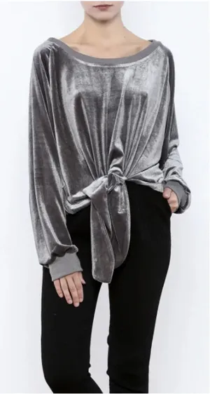 NUDE Apparel Co. Velour‎ Front Tie Knot Pullover Top Gray Size XS thumbnail 1