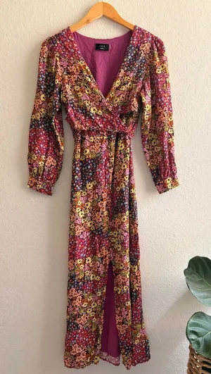 VICI Collection bohemian long-sleeve floral wrap maxi dress small thumbnail 1
