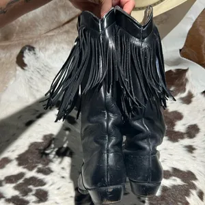 Vintage Black Real Leather Fringe Cowboy Boots Festival Rave Burning‎ Man A21 thumbnail 7