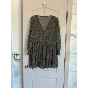 Zara Womens Green Cream Polka Dot Smocked‎ V-Neck Mini Dress L thumbnail 14