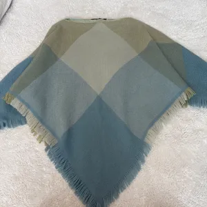 Churchill Handwoven Poncho Shawl Fring Plaid Green Camel Satin Neck Colorful OS thumbnail 1