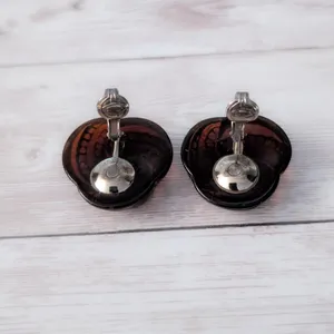 Vintage Clip On Earrings Really Unusual Slightly Opaque Brown Tone Statement thumbnail 5