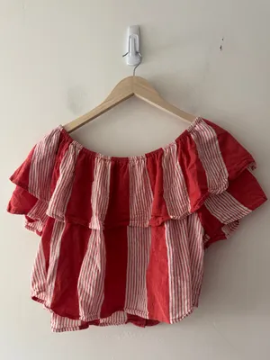 Faithfull the Brand Salerno 100% Cotton Ruffle Sleeve Striped Off Shoulder Top thumbnail 7