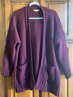 American Eagle Outfitters Maroon Plum Open Front Chunky Knit Cardigan Sweater X thumbnail 3