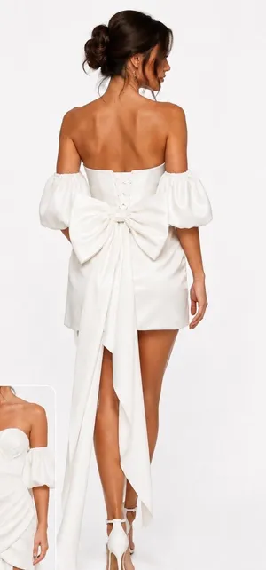 NWT Miss Veil Off-White Mini Dress Puff Sleeve Corset Bow Bridal thumbnail 1