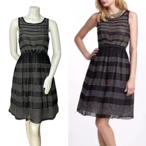 Anthropologie Hitherto Silk Dress Stripes Retro Sleeveless Fit‎ and Flare Black thumbnail 2