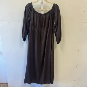 DISSH Linen Boho Western Off The Shoulder Midi Dress Cutouts Brown‎ Sz 12 thumbnail 2