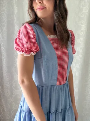 Vintage Handmade Blue Red Gingham Prairie Dress Cottagecore Puff Sleeve thumbnail 4