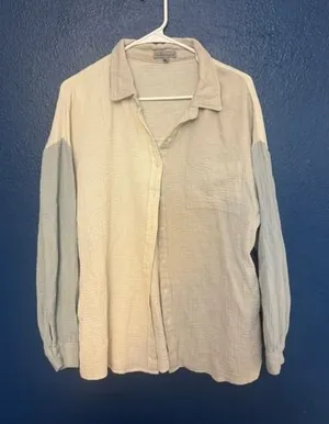Wishlist Apparel Colorblock Gauze Button Down‎ Shirt Cream Blue Tan M/L Boho (B) thumbnail 1