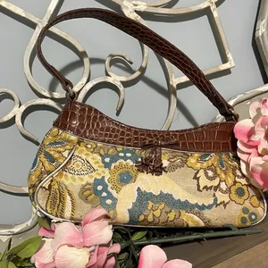 Liz Claiborne Purse Small Alligator Look Strap Floral Brown Gold Shoulder Bag thumbnail 10