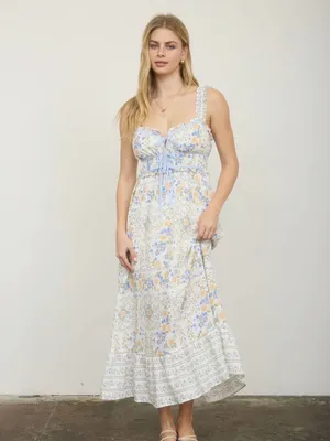 NEW Blu Pepper Blue Multi Floral Front Tie Midi Dress Large Sundress thumbnail 5